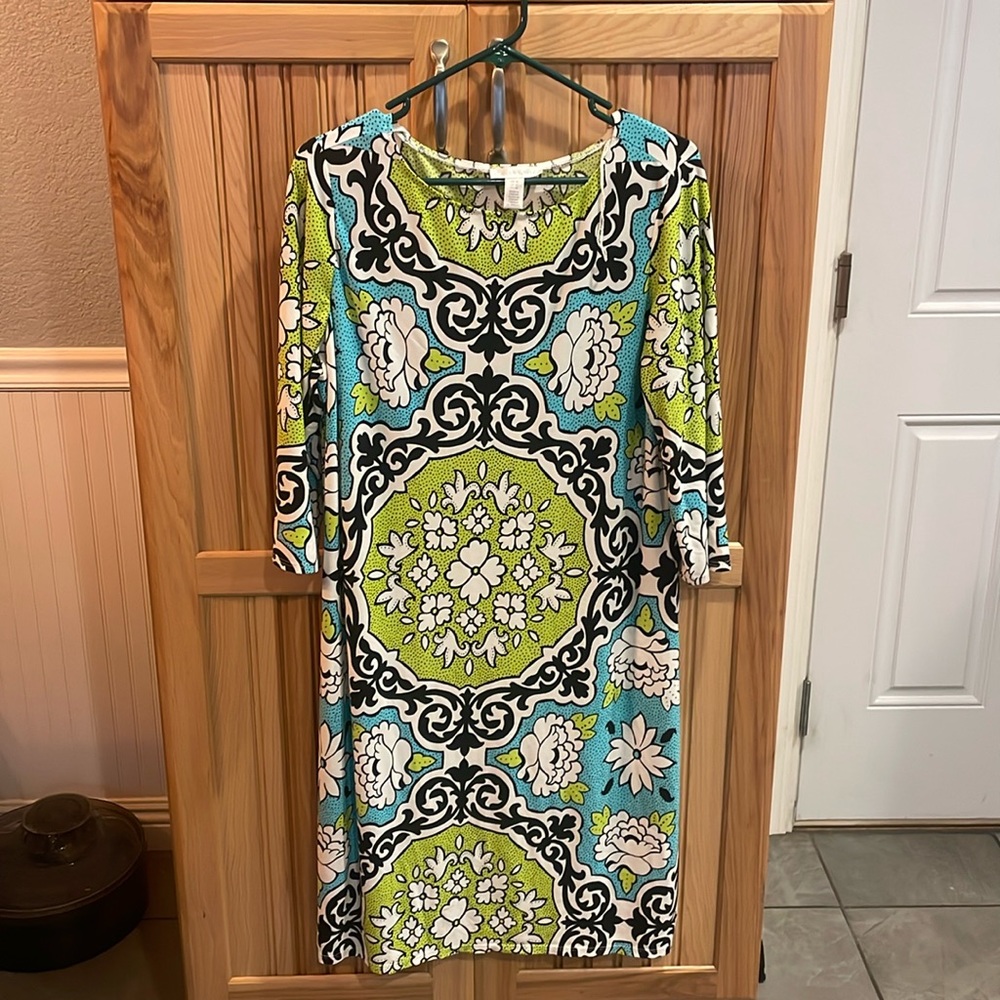 London Times Green and Blue Abstract Floral Dress
